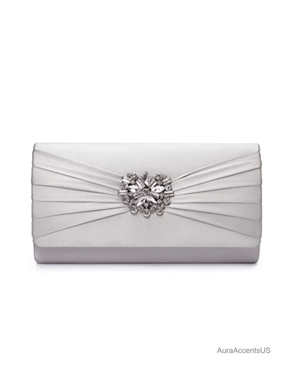 Pleated Satin Rhinestone Brooch Prom Clutch Purse with Detachable Chain Strap